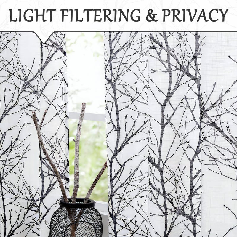 FMFUNCTEX French Front Door Curtains for Glass Door Curtains 72 Inches Long White Semi-Sheer Window Curtain Black Branch Print Curtain for Patio Door with Tie-Back 50 Inches Wide Rod Pocket 1 Panel - Image 3